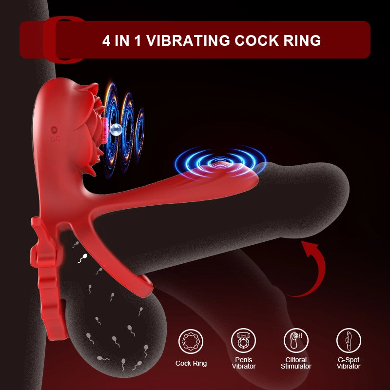 Dual Motor Rose Cock Ring with 10 Vibration Modes for Couples