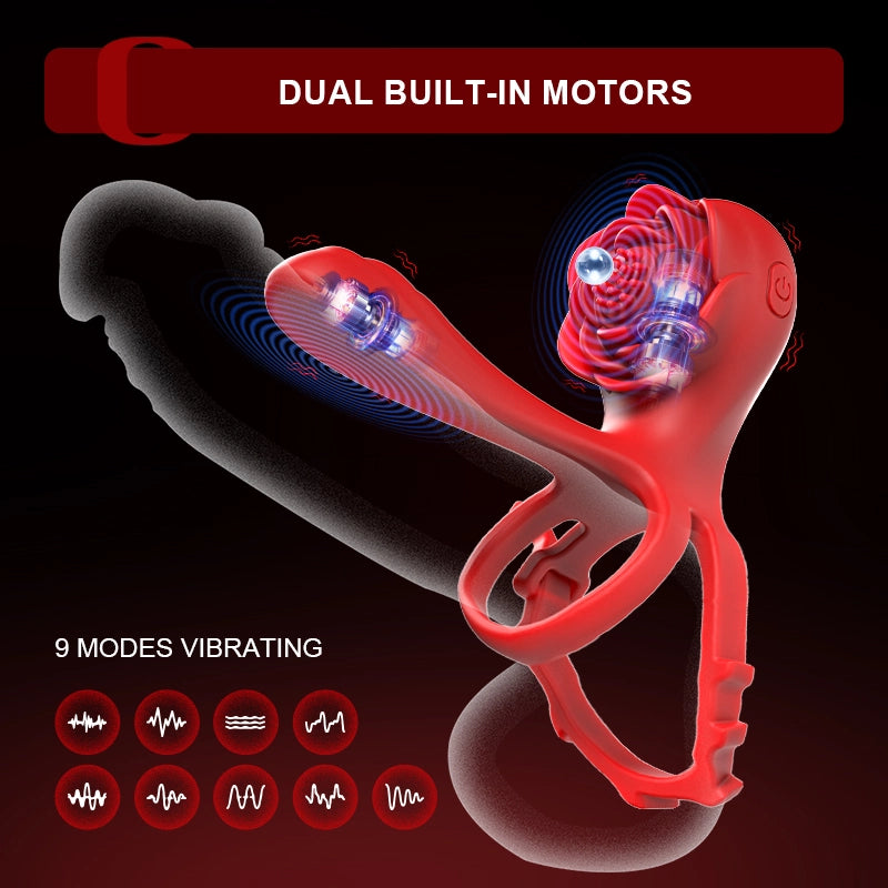 Dual Motor Rose Cock Ring with 10 Vibration Modes for Couples