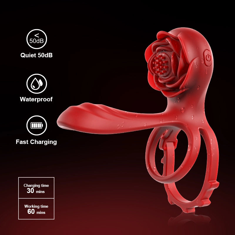 Dual Motor Rose Cock Ring with 10 Vibration Modes for Couples