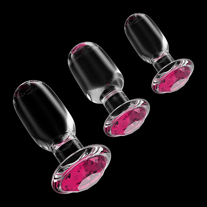 3Pcs Set Glass Butt Plug with Pink Gemstone Base