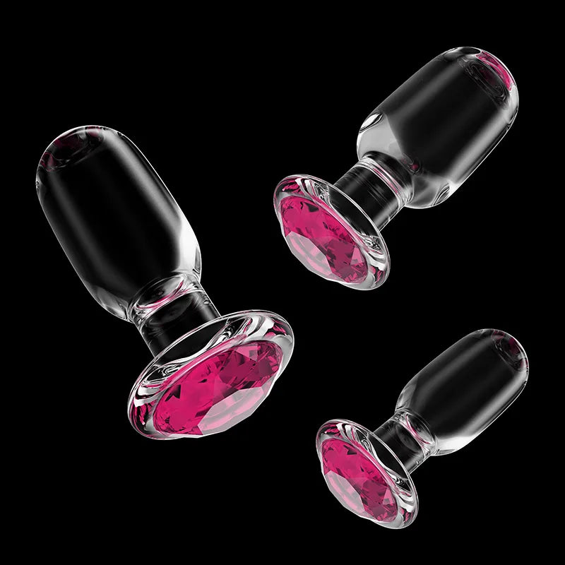 3Pcs Set Glass Butt Plug with Pink Gemstone Base