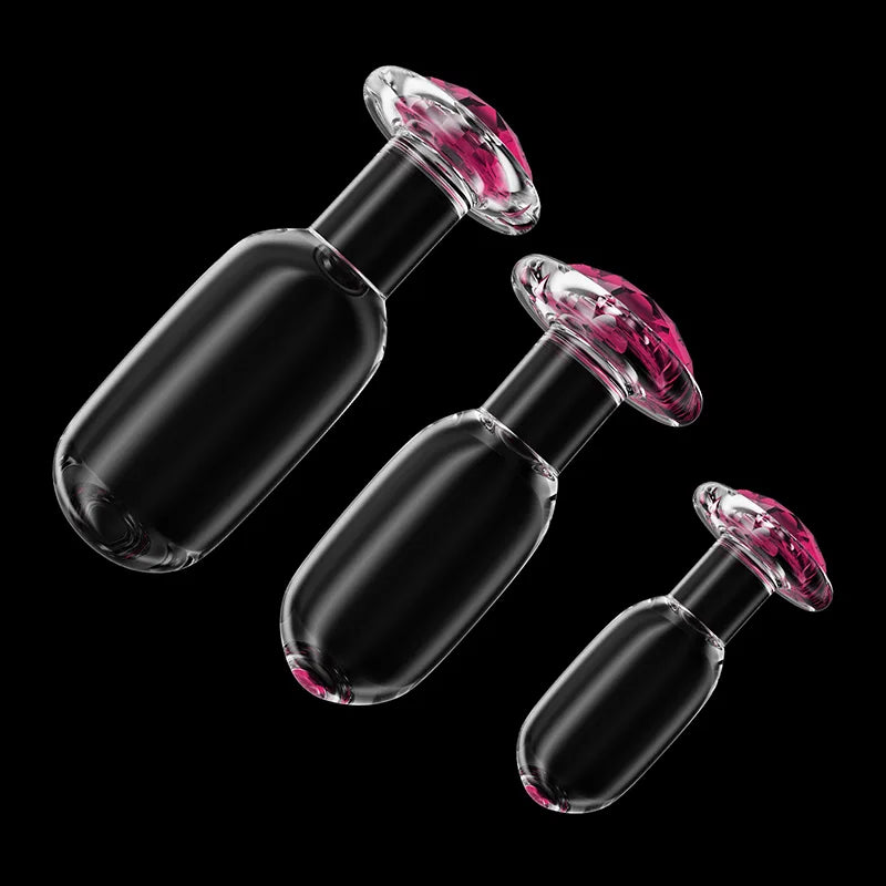 3Pcs Set Glass Butt Plug with Pink Gemstone Base