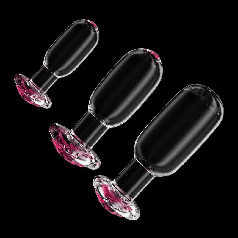 3Pcs Set Glass Butt Plug with Pink Gemstone Base