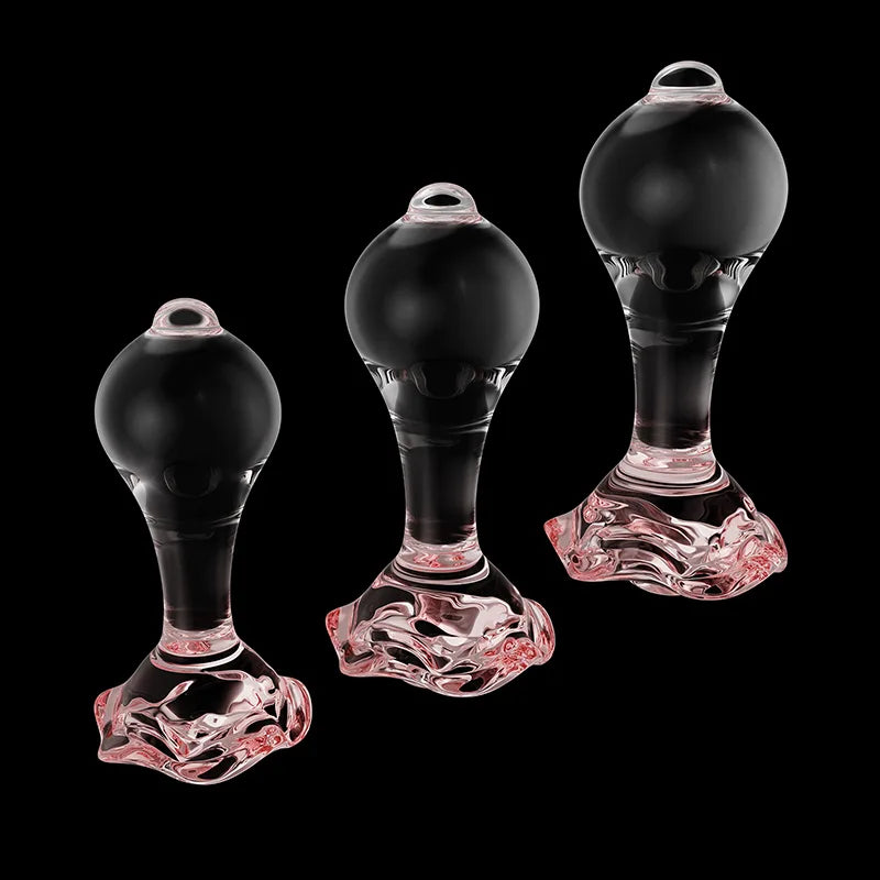 3Pcs Set Transparent Glass Butt Plug with Pink Flower Base