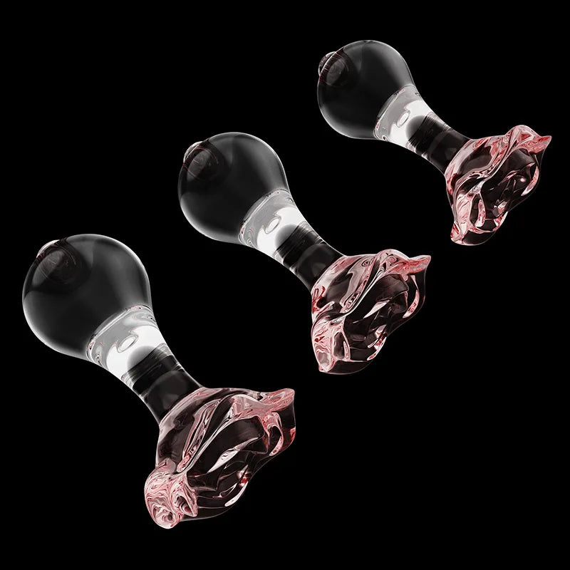 3Pcs Set Transparent Glass Butt Plug with Pink Flower Base