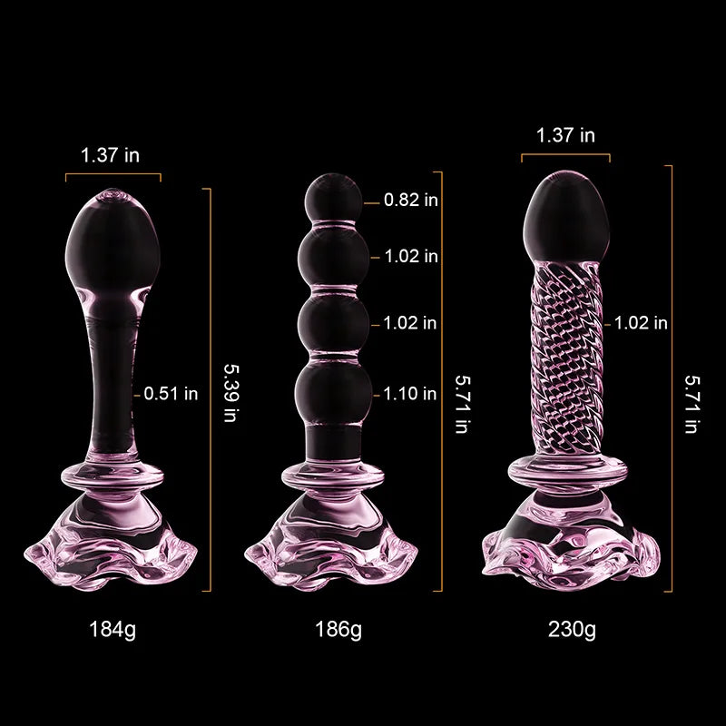 3Pcs Set Pink Glass Butt Plug