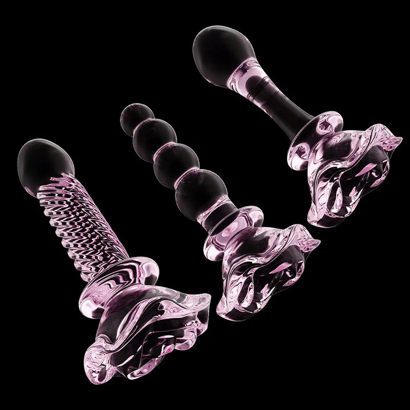 3Pcs Set Pink Glass Butt Plug