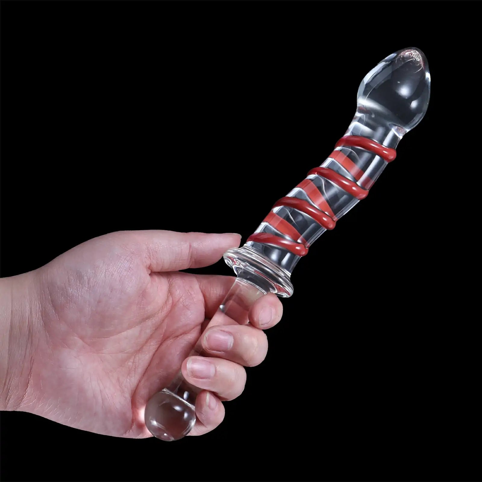 8.9 inch Red Textured Glass Dildo with Plug Handle