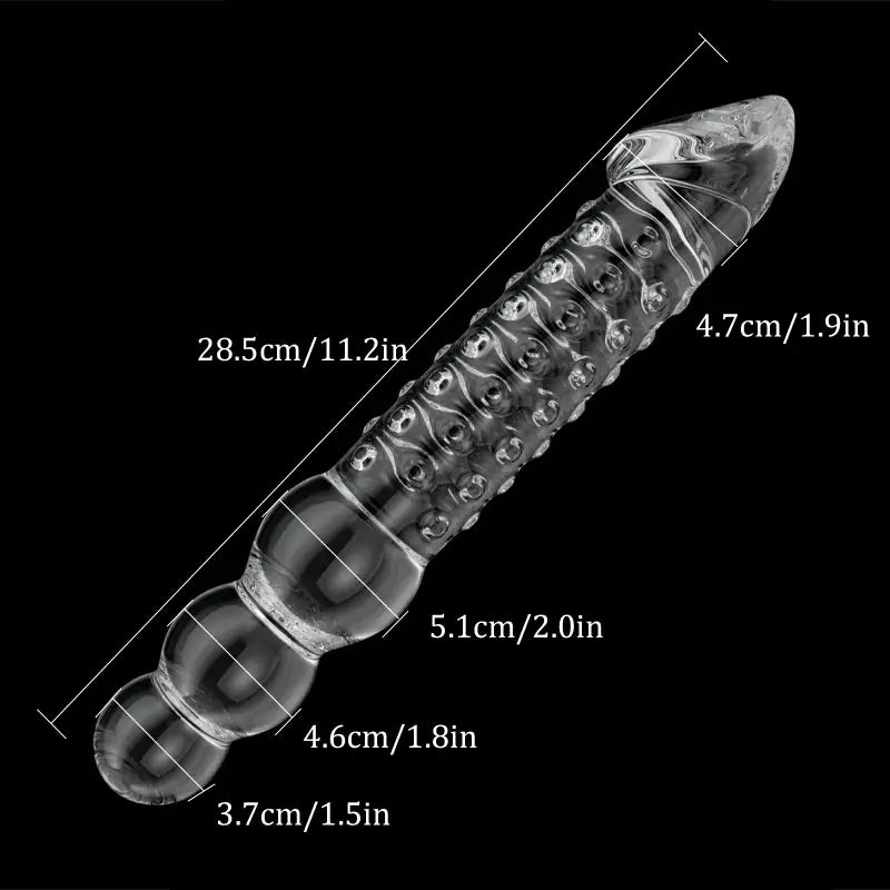 11.2 Inch transparent glass dildo with realistic glans and bead handle