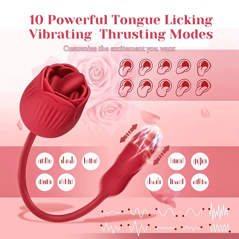 2 In 1 Rose Vibrator with 10 Licking and Thrusting Modes