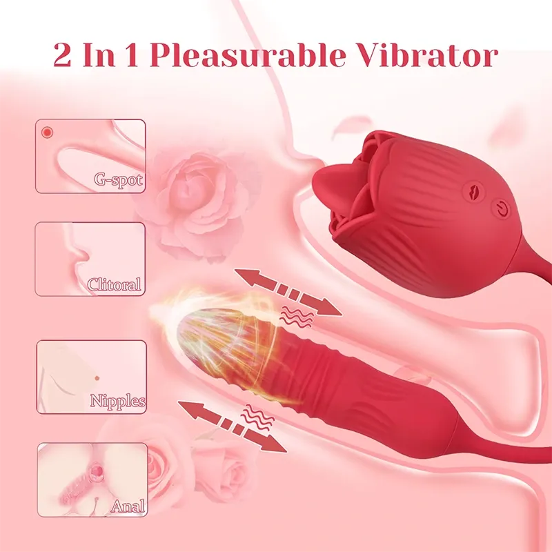 2 In 1 Rose Vibrator with 10 Licking and Thrusting Modes