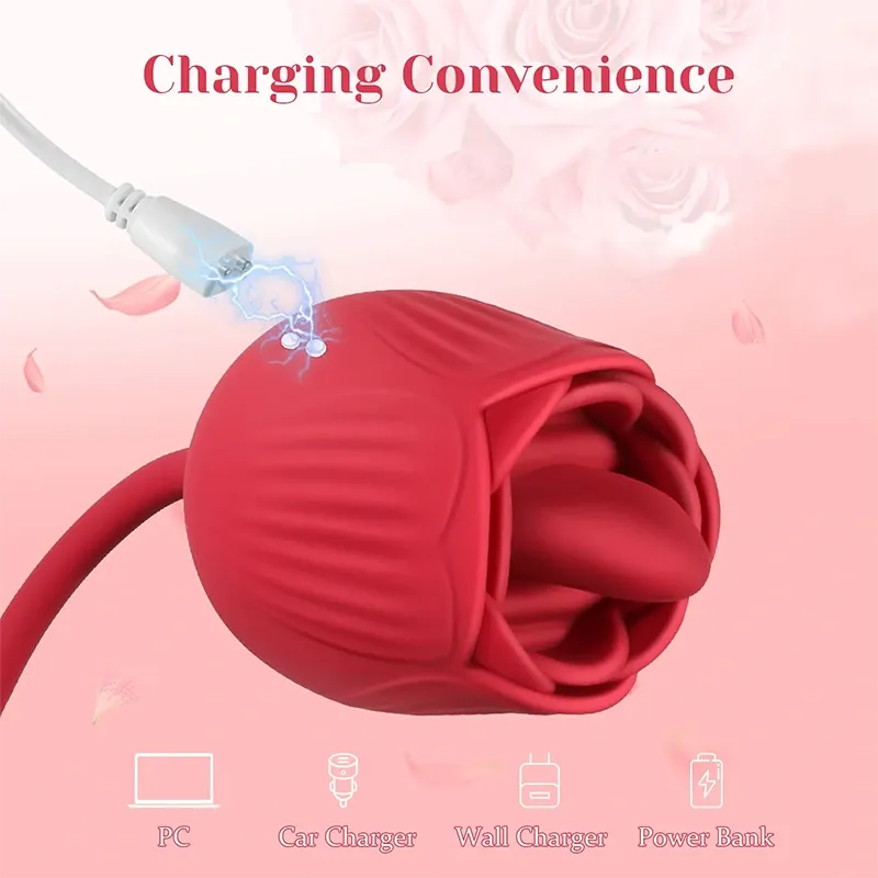 2 In 1 Rose Vibrator with 10 Licking and Thrusting Modes