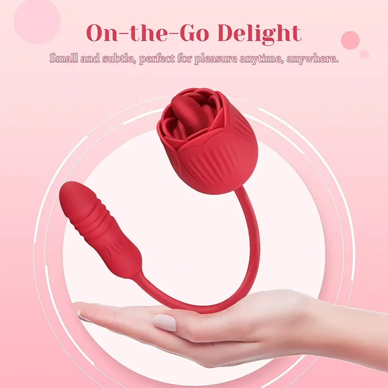 2 In 1 Rose Vibrator with 10 Licking and Thrusting Modes