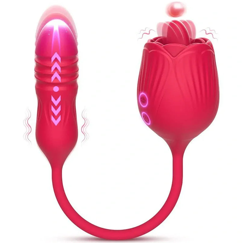 2 In 1 Rose Vibrator with 10 Licking and Thrusting Modes